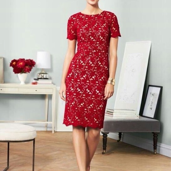 Talbots Red Floral Lace Sheath Dress With A Nude Lining & Short Sleeves; Size 8.